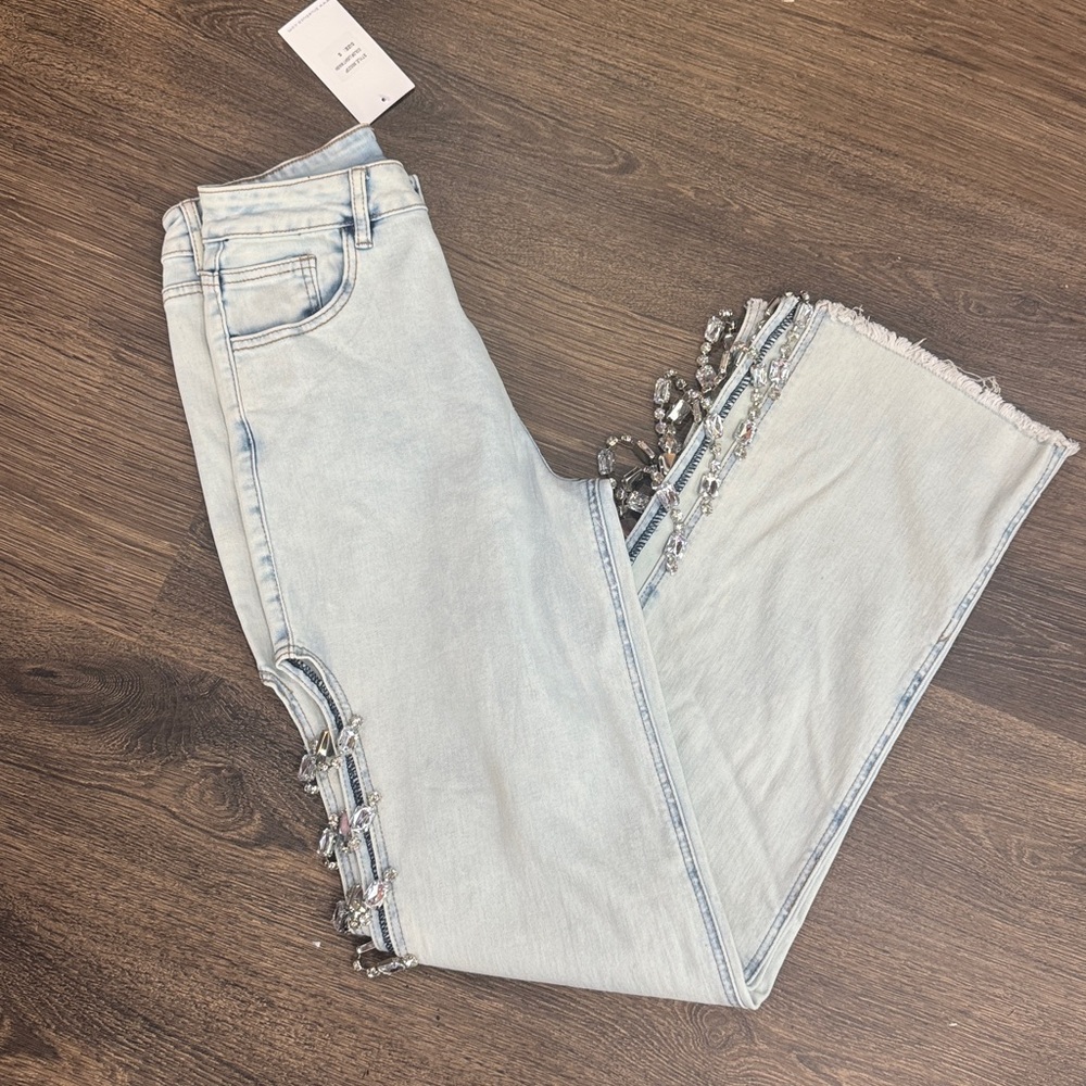 Blue B Rhinestone Open Side Rhinestone Denim Jeans
